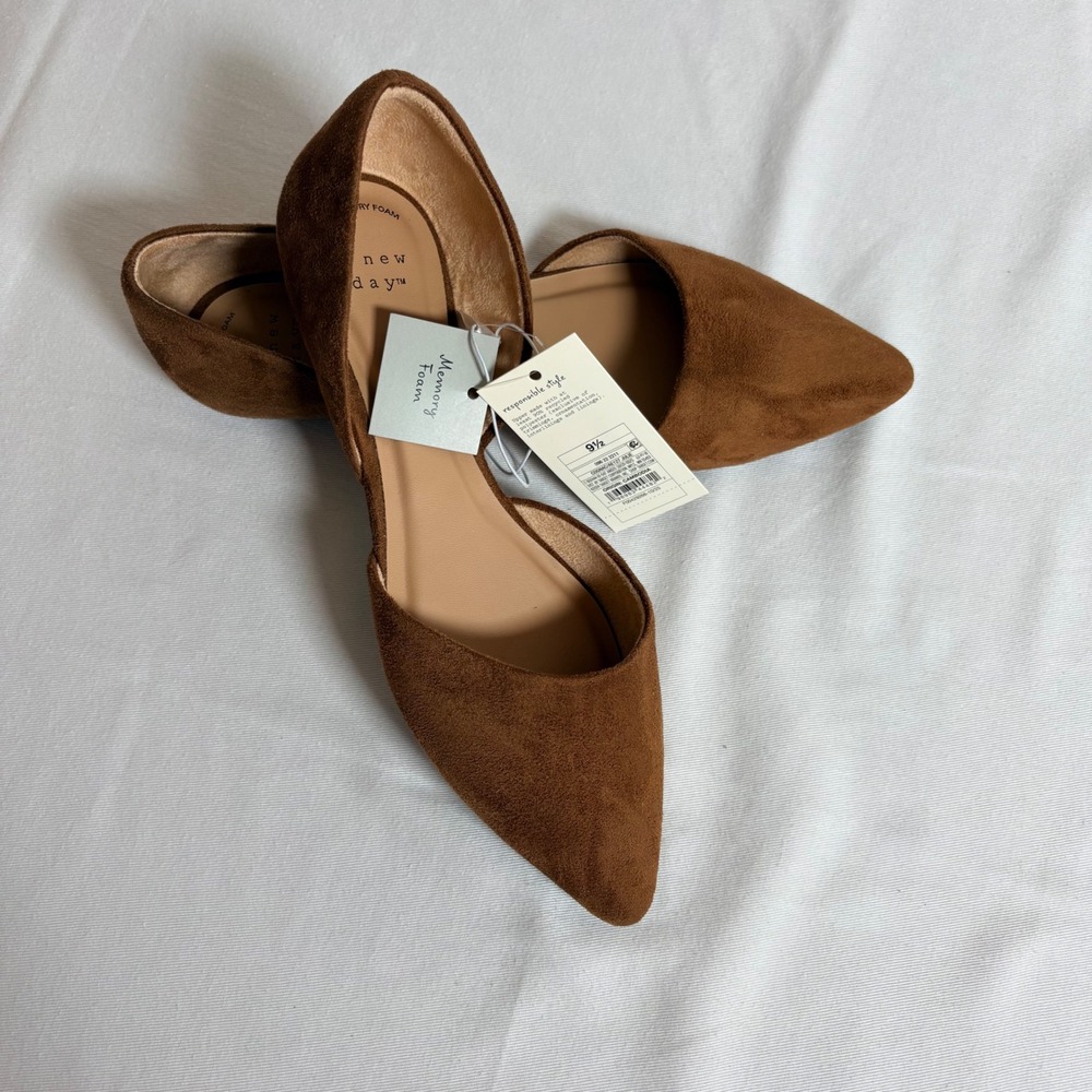 A New Day Julie D'Orsay Flats 9.5 Cognac Brown NEW Pointed Toe Suede Cutout